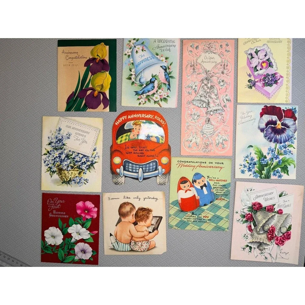 10 Vintage Kitsch Cute Anniversary Greeting Cards 1954 Mid-Century Ephemera